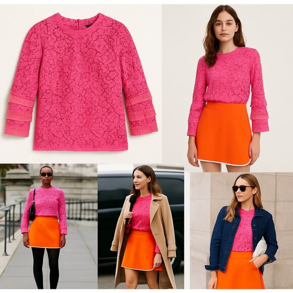 J.Crew Womens XS Pink Floral Lace Top Ruffle Sleeve Reimagined Collection - Picture 11 of 11